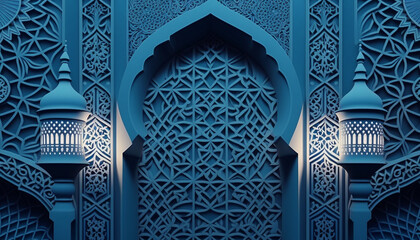 Islamic geometric blue pattern with lanterns and mosque silhouette AI Generative