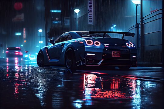  Papel pintado azul del coche de deportes, oscuro, noche, lluvia, ilustración común