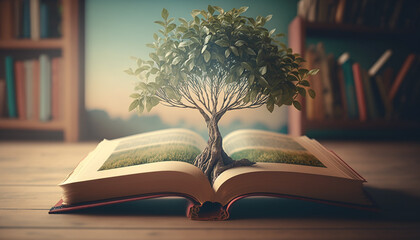 World Book Day, Tree growing from book concept, Generative ai