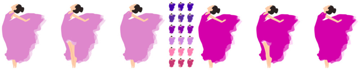 Fototapeta na wymiar Cute dancing girls with pink and purple gowns.