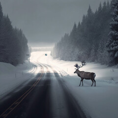Moose Crossing the Snowy Street (Generated by Artificial Intelligence)