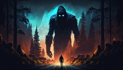 Cool, Epic, Artistic, Beautiful, and Unique Illustration of Bigfoot Animal Cinematic Adventure: Abstract 3D Wallpaper Background with Majestic Wildlife and Futuristic Design (generative AI) - obrazy, fototapety, plakaty