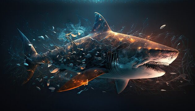 Cool, Epic, Artistic, Beautiful, and Unique Illustration of Bull Shark Animal Cinematic Adventure: Abstract 3D Wallpaper Background with Majestic Wildlife and Futuristic Design (generative AI)