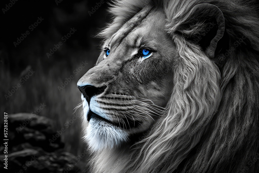 Wall mural Lion in black and white with blue eyes stoic  made with generative ai