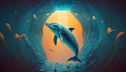 Cool, Epic, Artistic, Beautiful, and Unique Illustration of dolphin Animal Cinematic Adventure: Abstract 3D Wallpaper Background with Majestic Wildlife and Futuristic Design (generative AI)