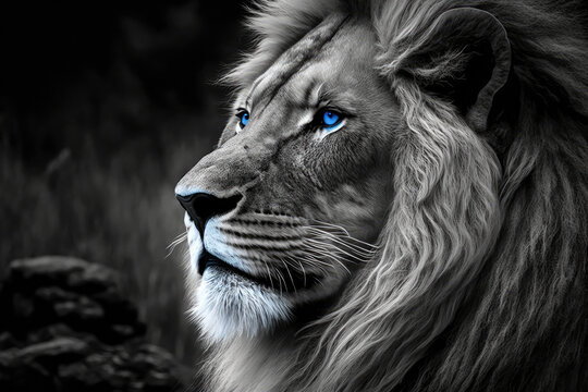 Lion In Black And White With Blue Eyes Stoic  Made With Generative Ai