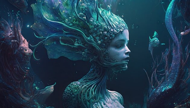 Cool, Epic, Artistic, Beautiful, and Unique Illustration of Mermaid Animal Cinematic Adventure: Abstract 3D Wallpaper Background with Majestic Wildlife and Futuristic Design (generative AI)
