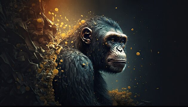 Cool, Epic, Artistic, Beautiful, and Unique Illustration of Monkey Animal Cinematic Adventure: Abstract 3D Wallpaper Background with Majestic Wildlife and Futuristic Design (generative AI)