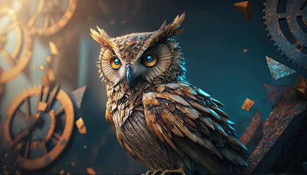 Cool, Epic, Artistic, Beautiful, and Unique Illustration of Owl Animal Cinematic Adventure: Abstract 3D Wallpaper Background with Majestic Wildlife and Futuristic Design (generative AI)