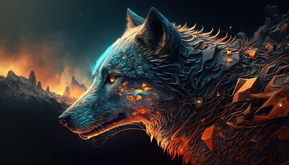 Cool, Epic, Artistic, Beautiful, and Unique Illustration of Wolf Animal Cinematic Adventure: Abstract 3D Wallpaper Background with Majestic Wildlife and Futuristic Design (generative AI)
