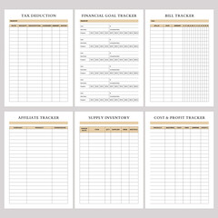 Minimalist planner pages templates. Printable Life & Business Planner Set. Tax Deduction, Financial Goal Tracker, Bill Tracker, Affiliate Tracker, Supply Inventory, Cost & Profit Tracker,