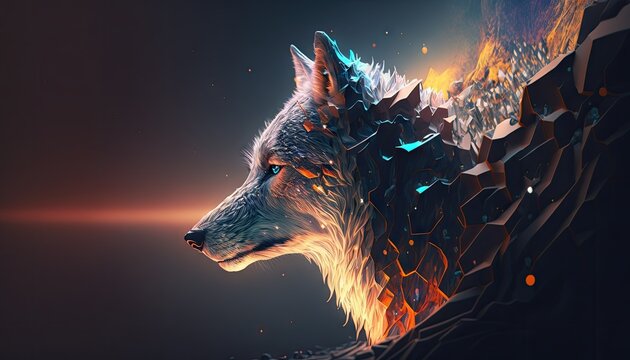Cool, Epic, Artistic, Beautiful, and Unique Illustration of Wolf Animal Cinematic Adventure: Abstract 3D Wallpaper Background with Majestic Wildlife and Futuristic Design (generative AI)