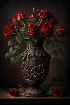 still life oil painting of red roses in a vase with a dark background, generative ai	