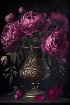 still life oil painting of dahlia flowers in a vase with a black background, generative ai	