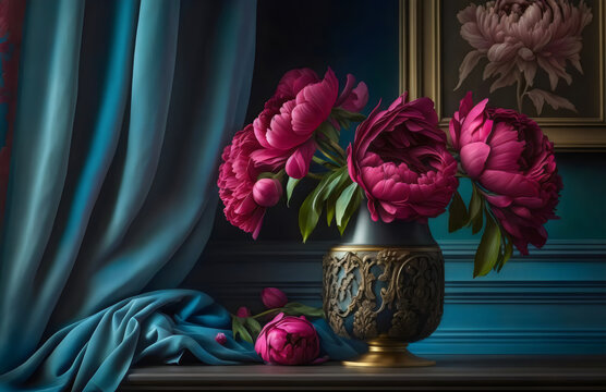 still life oil painting of pink peony flowers in a vase with a blue curtain, generative ai	
