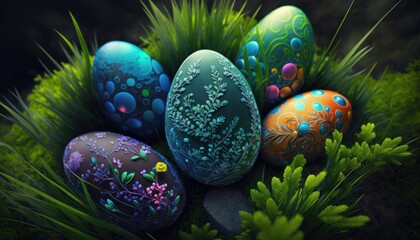 Obraz na płótnie Canvas Illustration of Five Decorated Easter Eggs in the Grass