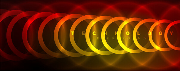 Neon glowing circles and round shape lines, magic energy space light concept, abstract background wallpaper design