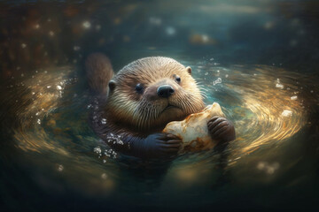 a playful otter floating on its back in a river, holding a shell in its paws Generative AI
