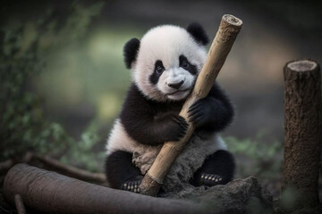 Obraz premium a baby panda sitting on a tree branch, holding onto a bamboo shoot Generative AI