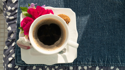 breakfast coffee on table with blue cloth