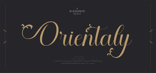 Elegant wedding alphabet letters font with tails. Typography oriental luxury classic serif fonts and number decorative vintage retro for logo branding. vector illustration