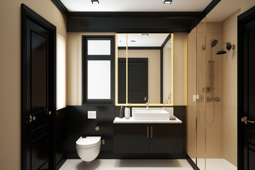 A luxurious black and beige bathroom, minimalist and modern with a large shower.  Generative AI.