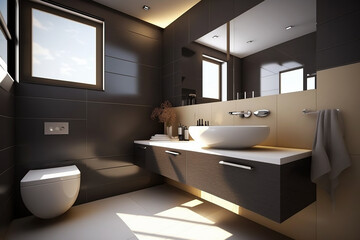 A luxurious black and beige bathroom, minimalist and modern with a large shower.  Generative AI.