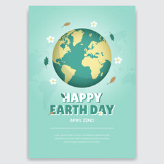 Happy Earth day April 22 flyer with globe flowers and leaves illustration