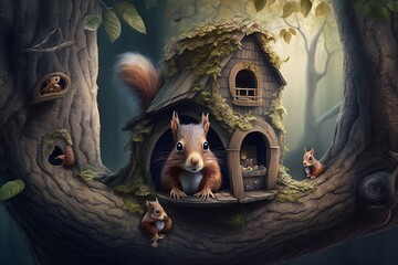 squirrel living in tree house created using AI Generative Technology