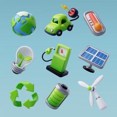 3d Vector Green Energy icon set, Green Energy, Clean Energy, Environmental Alternative Energy Concept. © Kannapat