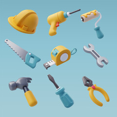 3d Vector of Construction tools icon set, industrial and worker equipment.