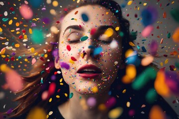 A person surrounds by colorful confetti festive background. Generative AI