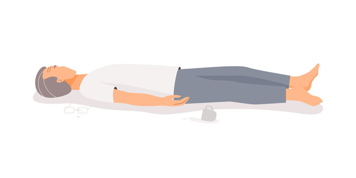 Isolated of elderly man is fainting on the floor. Flat vector illustration.	