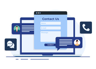 Contact us form on laptop screen with message bubbles flat illustration for web banner, mobile app, business presentation, advertising material, Customer support, customer service, online support, hel
