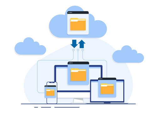 Cloud computing concept with computer monitor, laptop, and smartphone devices on the processing of upload and download information and data, Cloud storage or service data transfer flat illustration
