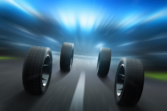 Car tires on race track 3d illustration