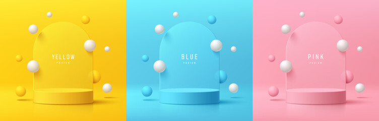 Set of 3d background with yellow, blue, pink cylinder pedestal podium. bouncing white and colorful balls scene. Minimal wall scene mockup product display. Abstract geometric platforms. Stage showcase.