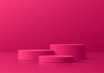 Pink red 3D background with realistic cylinder pedestal podium set in empty studio room. Luxury minimal wall scene mockup product display. Abstract geometric platforms design. Round stage showcase.