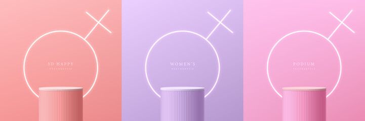 Set of international women day 3D background with pink, red, purple cylinder podium. Glowing neon female symbol. Vector geometric forms. Mockup product display. minimal wall scene. Stage for showcase.