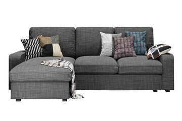 Modern dark grey sofa on isolated transparent background, minimalist design, 3d render illustration.