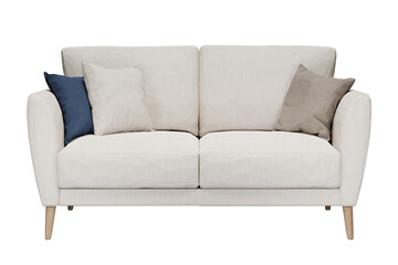 Modern white sofa on isolated transparent background, minimalist design, 3d render illustration.