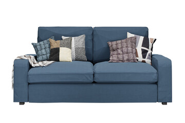 Modern blue sofa on isolated transparent background, minimalist design, 3d render illustration.