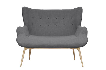 Modern grey sofa on isolated transparent background, minimalist design, 3d render illustration.