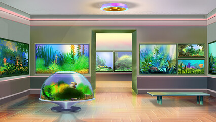 Aquarium fish shop interior. Digital Painting Background, Illustration.