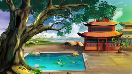Fototapeta premium Asian Courtyard on a sunny day. Digital Painting Background, Illustration.