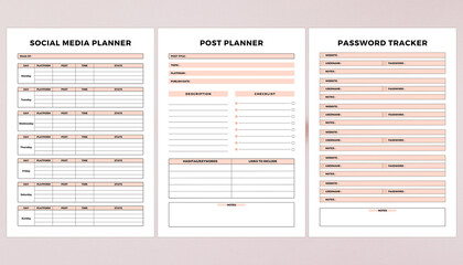 Minimalist planner pages templates. Printable Life & Business Planner Set. Life and business planner. Printable Page Social Media Planner, Post planner, Password Tracker.