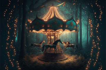 magical carousel in enchanted forest - obrazy, fototapety, plakaty