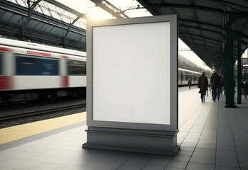 Blank white digital billboard black frame light box in train station, empty poster advertisement with blurred background for mockup, design, display, marketing