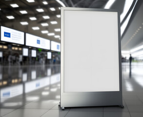 Blank white digital billboard in airport terminal, empty light box advertisement with blurred background for mockup, design, display, marketing