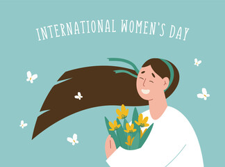 International women&rsquo;s day illustration of a woman holding flowers and butterflies flying around her.